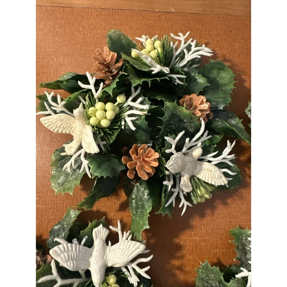 Vtg White Dove And Holly‎ Candle Ring Set Of 4, Pillar Candle Size